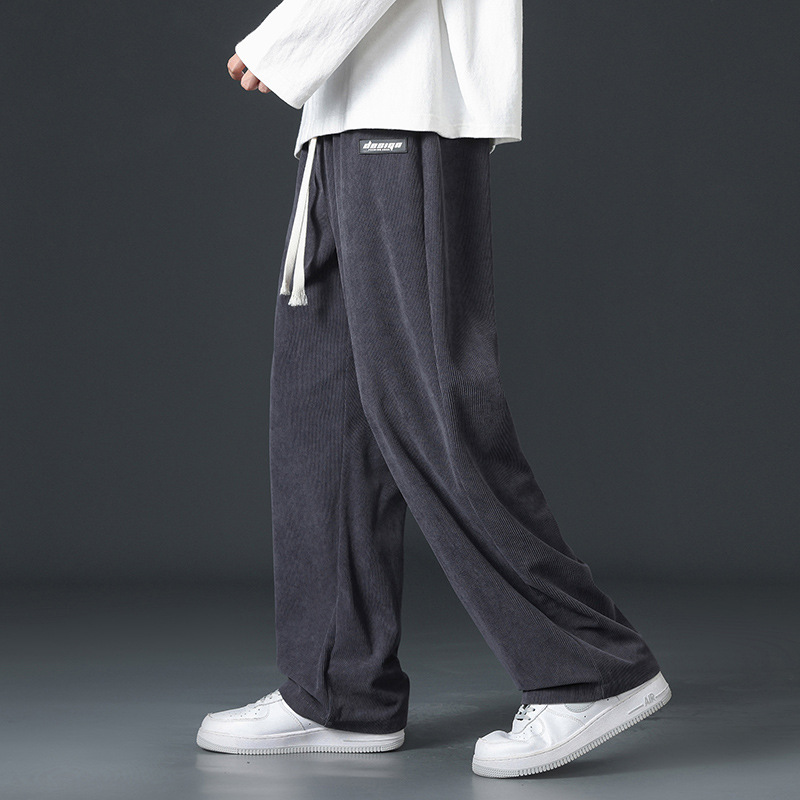 Men's Autumn/Winter Trend Brand New Loose Tapered Corduroy Pants with Label, Wide Leg Straight Leg Sporty Casual Pants