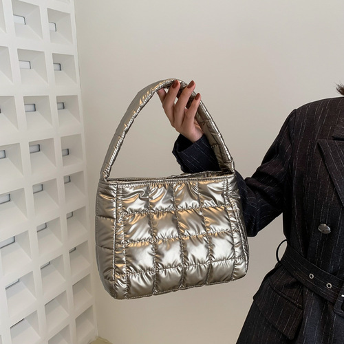  Winter New Cotton Clothes Women's Bag Large Capacity Handheld Women's Bag Checkered Embroidery Thread Shoulder Bag Western Style Small Square Bag