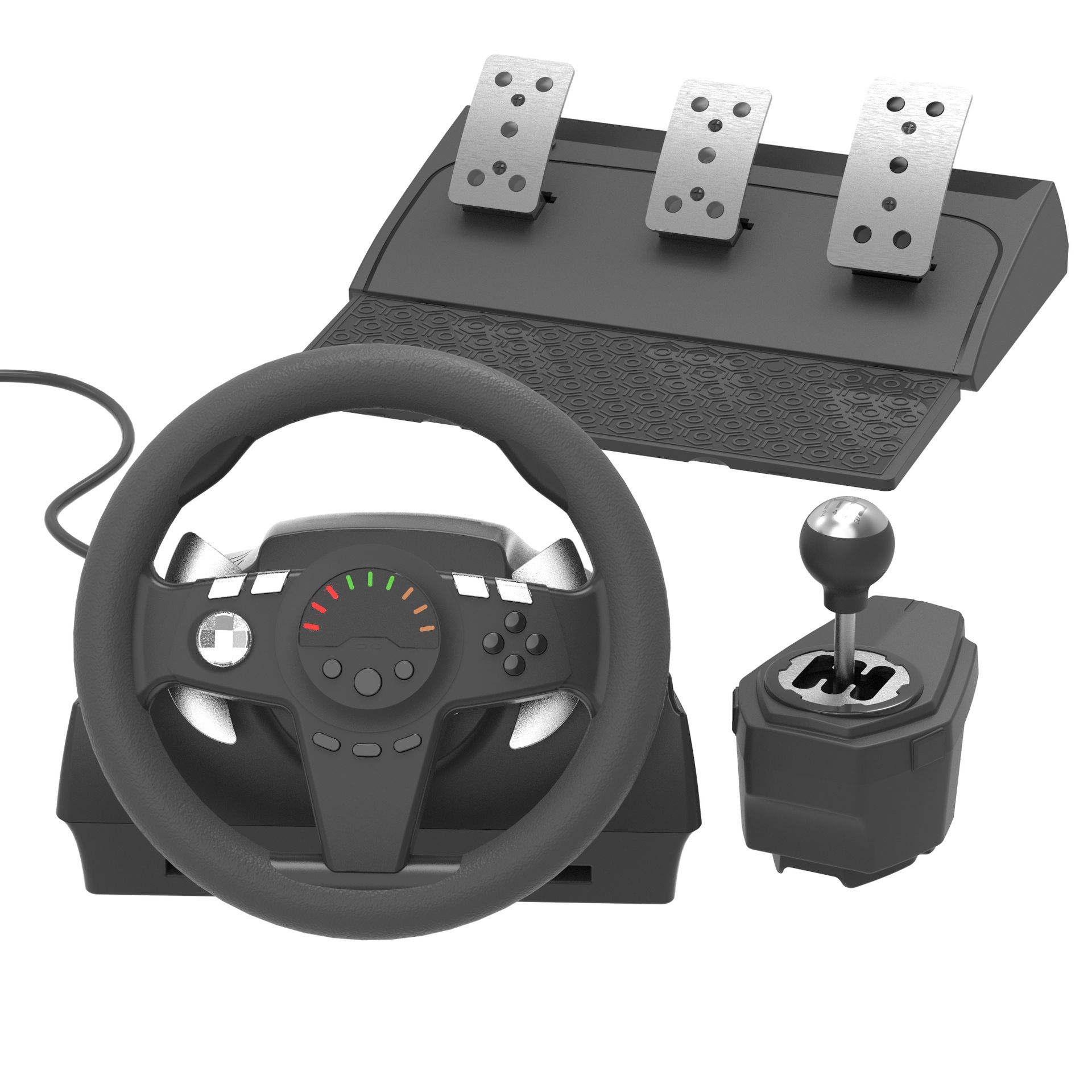 Steering wheel + three pedals
