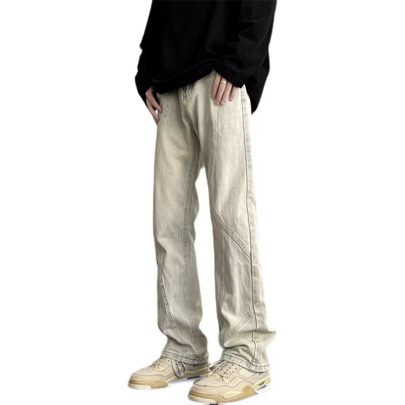 Pantalones retro estadounidenses, jeans teñidos de barro amarillo lavados en la calle, jeans rectos delgados y delgados para hombres