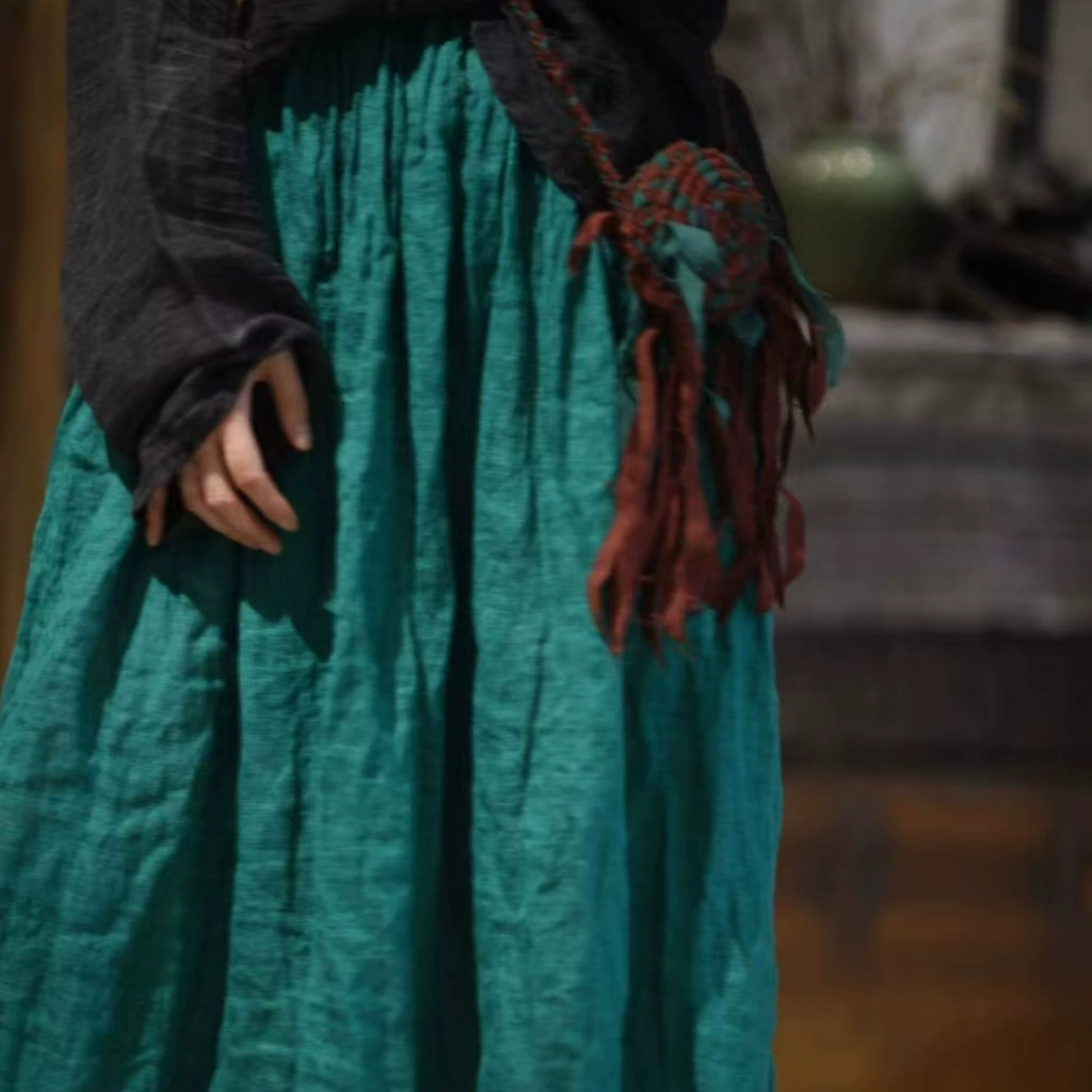 24/5 SN58 Ретро повседневный сплошной цвет сшивания сшивания эластичный талия льняная длинная юбка юбка