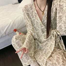 2026新款V领慵懒风碎花云朵棉睡衣女高档次长袖家居服套装可外穿