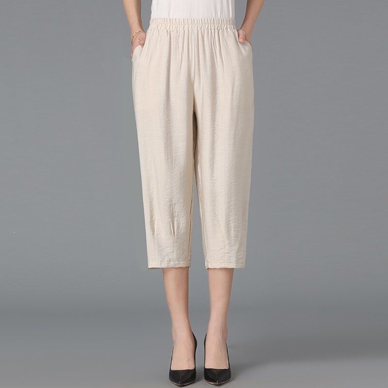 Linen Pants for Middle-Aged and Elderly Women, Summer Cotton-Linen Cropped Pants, High-Waisted Casual Pants, Elastic Waistband, Women's Clothing, 2025 New Style