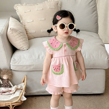 女童夏季韩系西瓜图案套装娃娃领飞袖衣服短裤两件套宝宝童装批发