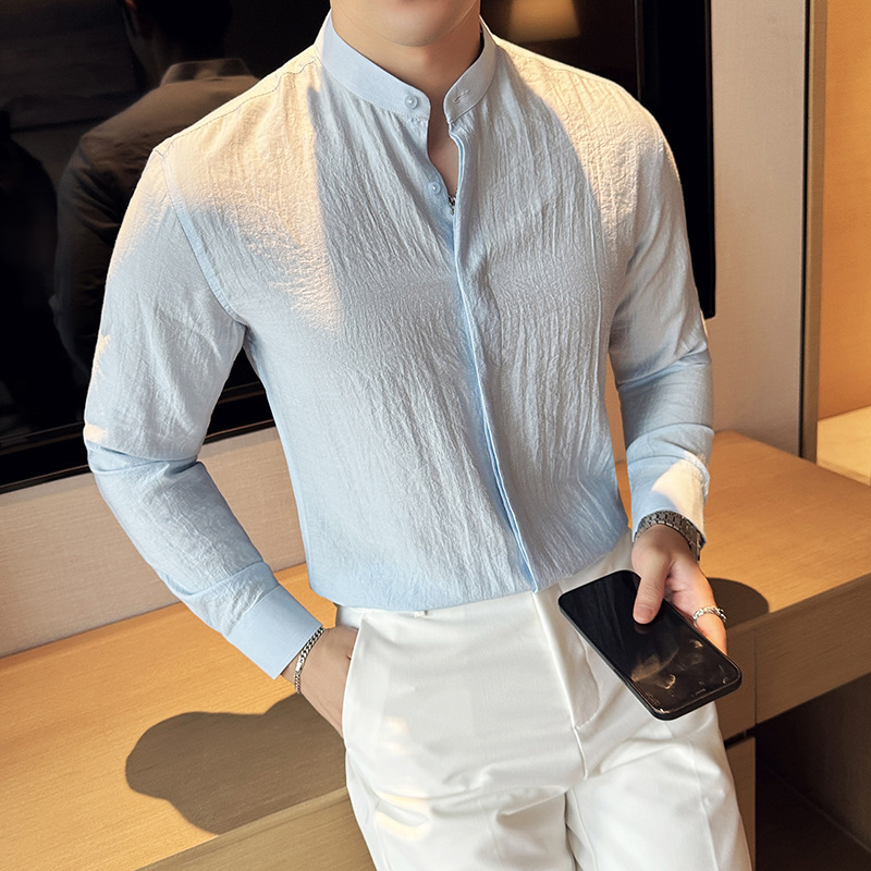 Tiktok generation men's new Chinese stand collar pleated linen long sleeve shirt casual fashion thin breathable sunscreen shirt