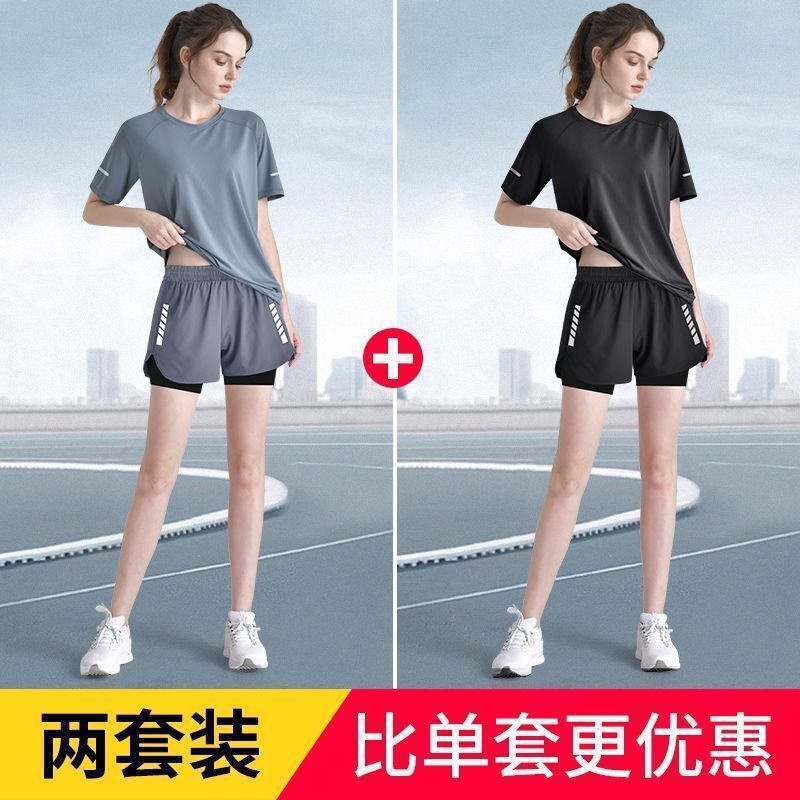 运动套装女夏季马拉松跑步新款瑜伽冰丝速干衣短袖训练大码健身服|undefined