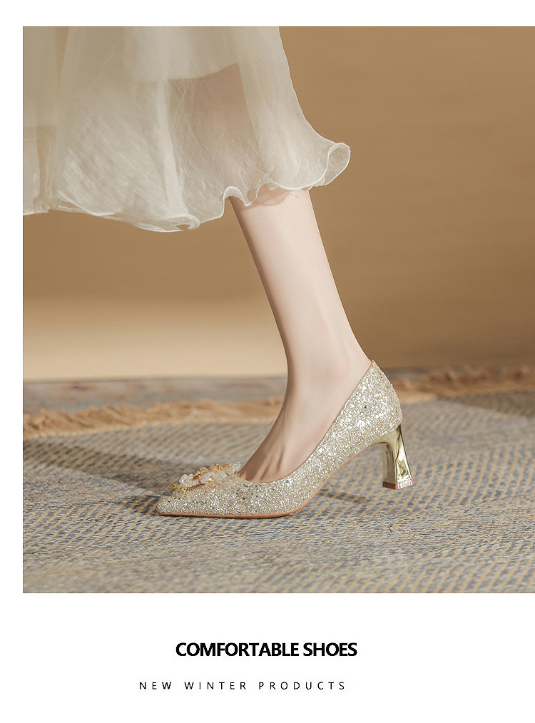 Giày cưới đính sequin mũi nhọn gót vuông cao 6 cm — Màu Sâm panh chi tiết 10