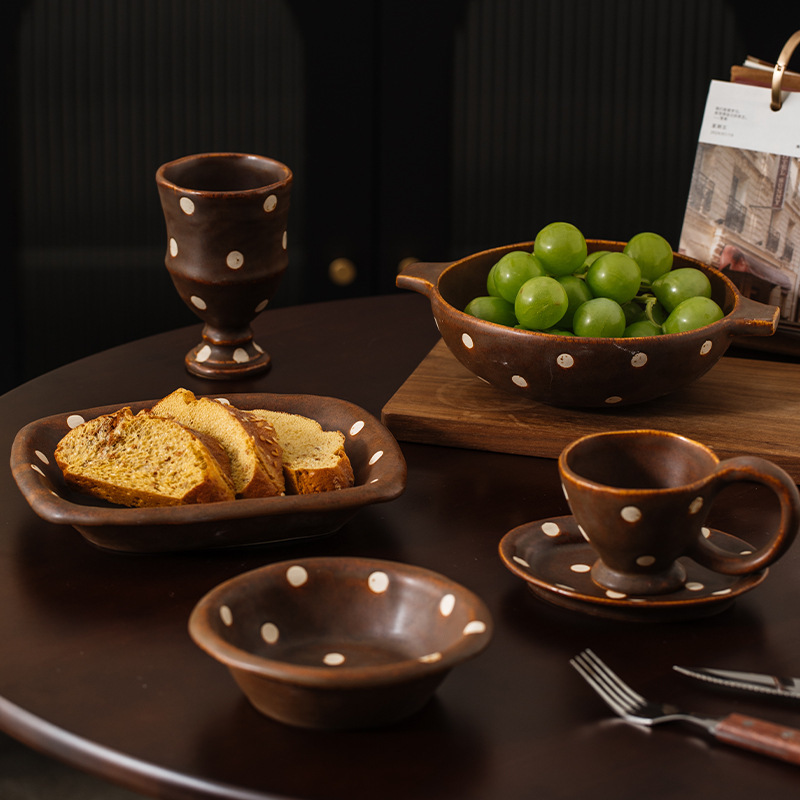 Customized Hand-Made Ceramic Coffee Cup and Saucer Set White Dot Coffee Retro High-End Mug Tea Cup Plate