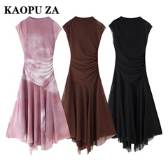 KAOPU ZA Amazon 卸売春の新作婦人服プルオーバーラウンドネックノースリーブプリーツ装飾シルクネットドレス