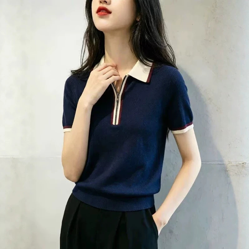 Áo thun nữ ngắn tay phong cách cổ điển, dây kéo trước, form ôm nhẹ — Xanh lông mòng đen chi tiết 2