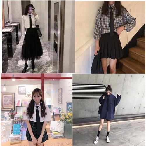 Black Student Lazy Man Collarless Zipper Shirt Tie College Style Japanese Business Necktie for Men and Women