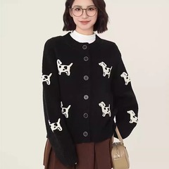黑色小狗毛衣开衫女春秋2025慵懒风加厚设计感小个子欧货针织外套
