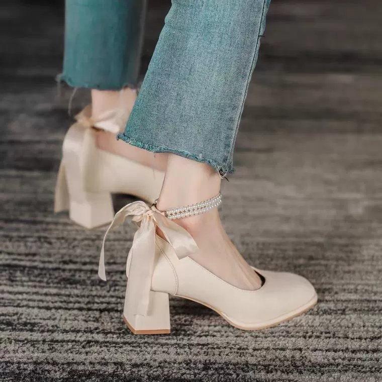 Туфли на каблуках 2022 новый бант фея в стиле каблук толстый каблук девичья квадратная голова французские туфли Мэри Джейн