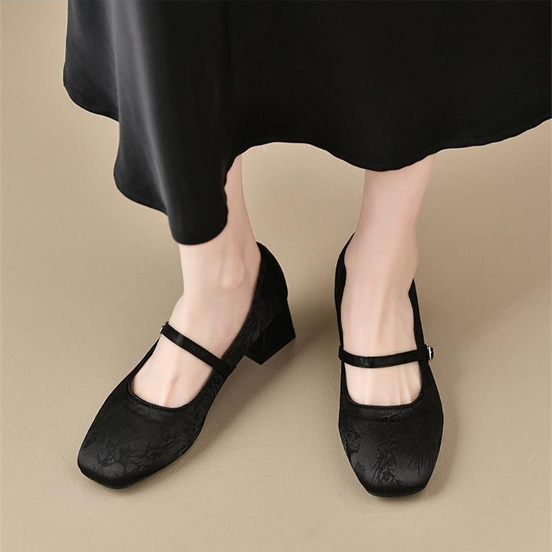 Zapatos de estilo chino suaves de estilo cuadrado, zapatos de estilo chino de 5 cm, falda de talón grueso, cheongsam, zapatos de talón alto para mujeres