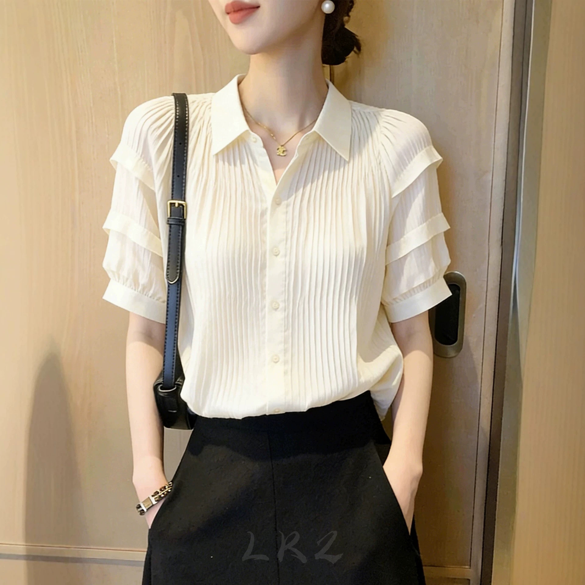 Áo sơ mi cổ Polo nữ trắng kiểu Pháp, tay ngắn, chất liệu cao cấp — màu trắng chi tiết 2