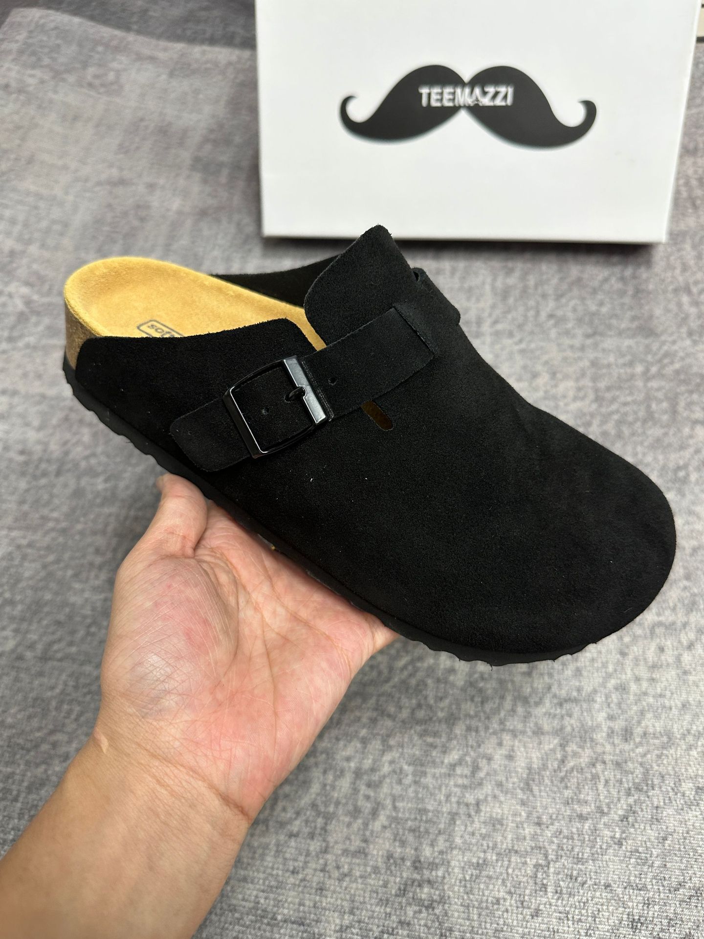 TEEMAZZI ganado de vello con zapatillas de cuero perezosas, zapatillas de moda versátiles con base de corcho Bocken image 7