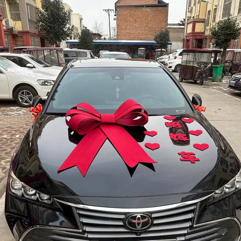 Свадебный автомобиль, автомобиль для приданого, трехмерный красный автомобиль для показа, автомобиль с галстуком-бабочкой, красный цветочный шар, гирлянда для украшения свадебного автомобиля