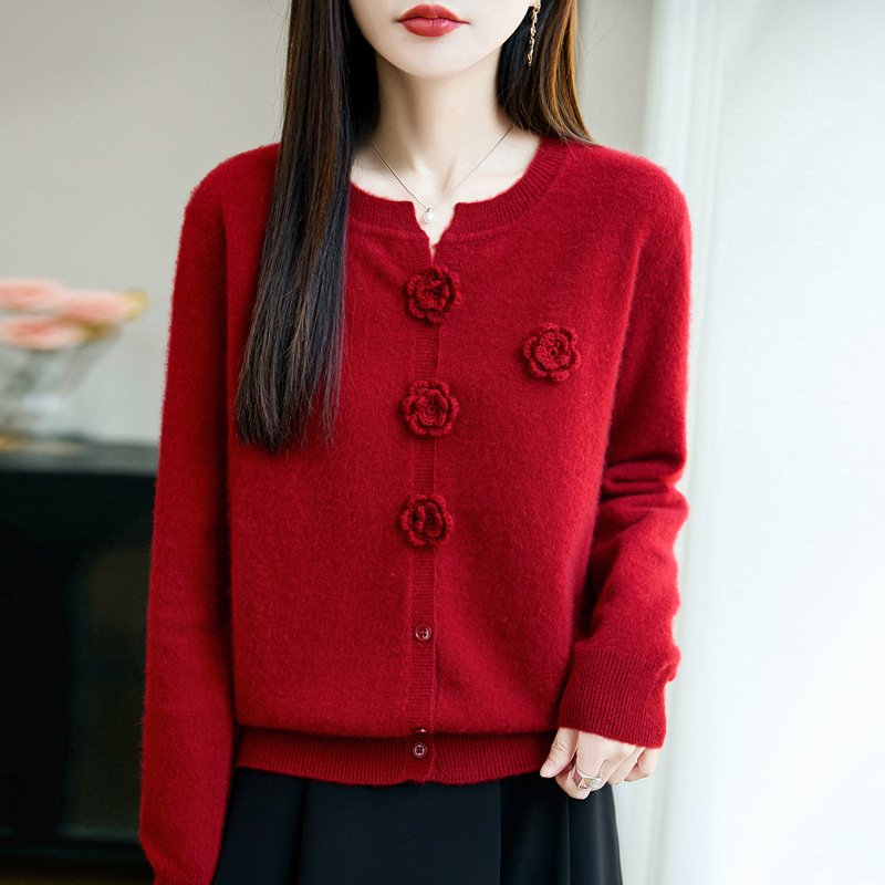 100纯羊毛立体钩花针织开衫外套女2025新款毛衣外穿秋冬女装上衣|undefined