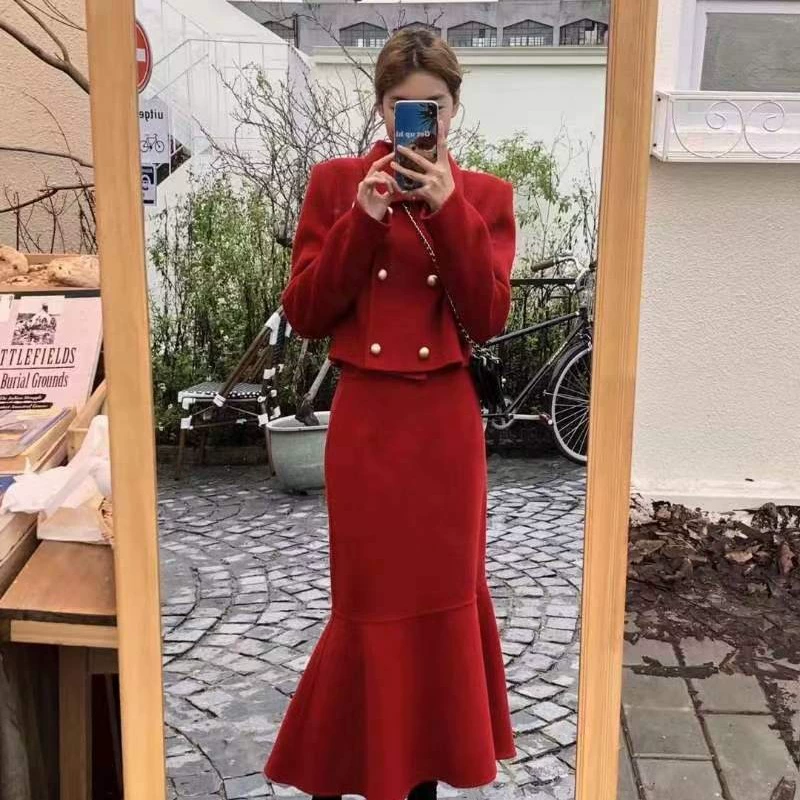 Модный осенне-зимний новый комплект из двустороннего шерстяного пальто, приталенный однотонный шерстяной костюм-двойка в наличии