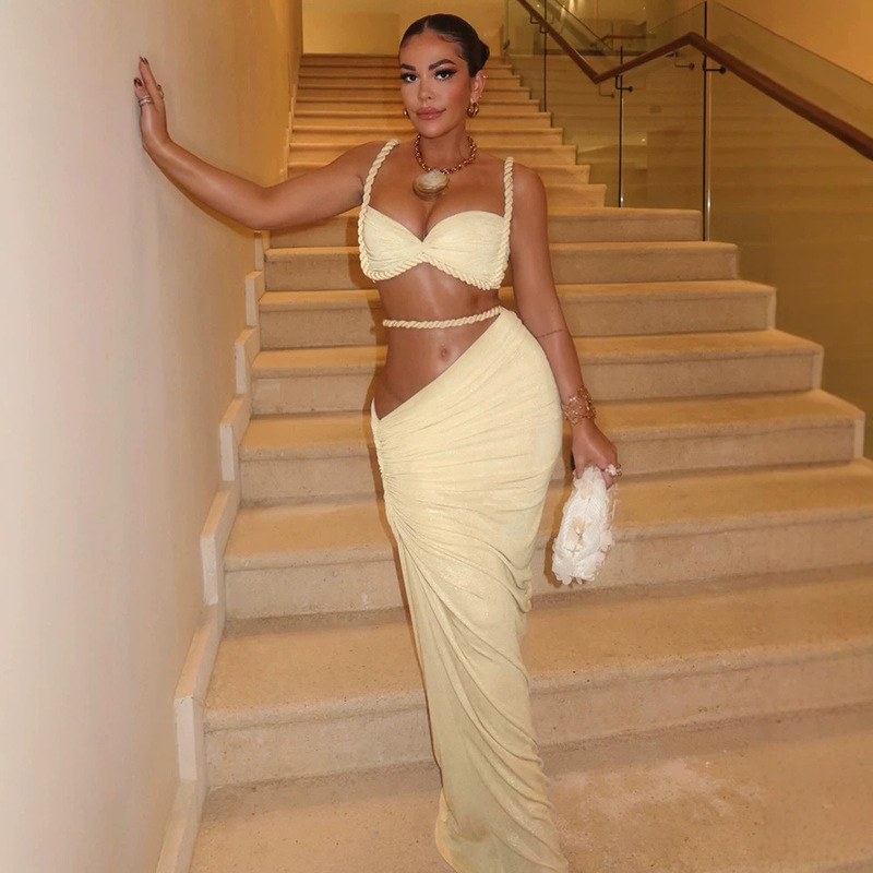 In stock | Luxurious and sophisticated hemp rope twist strap tube top with side drawstring slit fishtail long skirt, available for dropshipping In stock | Luxurious and sophisticated hemp rope twist strap tube top with side drawstring slit fishtail long skirt, available for dropshipping