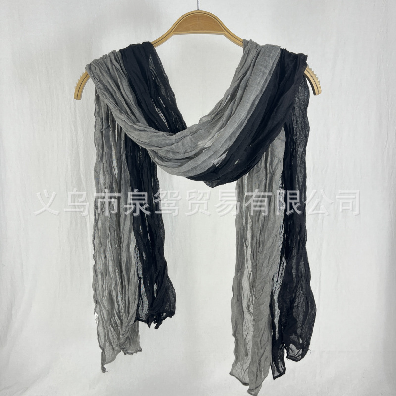 Japanese Style Pleated Twist Scarf Silk Scarf for Women Spring and Summer Literary Fashion Soft and Comfortable Retro Double Color Matching Long Scarf