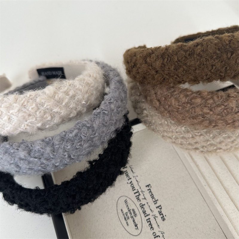 Faixa de cabeça de lã de pelúcia xadrez outono e inverno fada beleza alto sentido alto caveira topo peludo rosto lavagem grampo de cabelo faixa de cabeça acessórios para cabelo_voghion.com