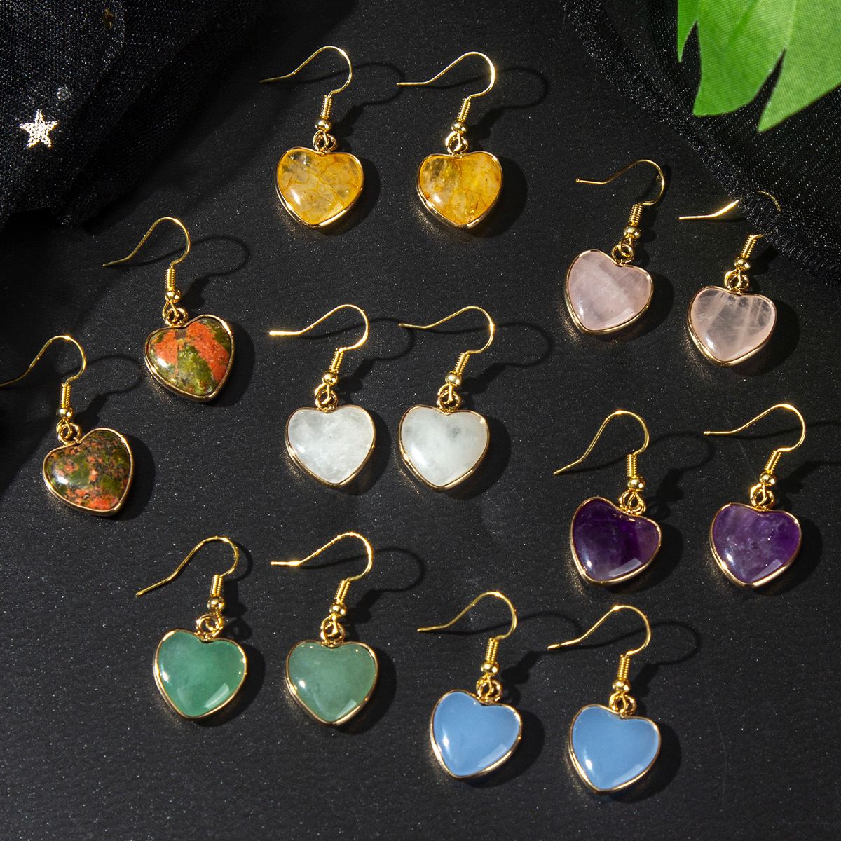 Zhouhang Jewelry Cross-Border Hot Selling Natural Crystal Heart Earrings Amethyst Blue Turquoise Gemstone Earrings Wholesale