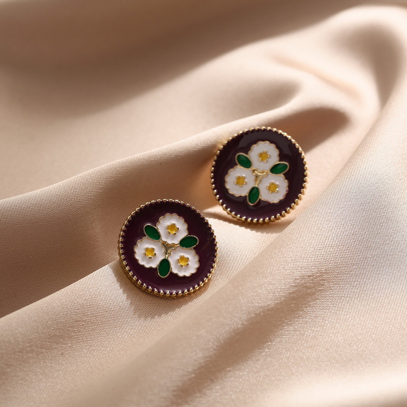 Silver Color Retro Feelings Drop Oil Wine Red Hyuna White Flower Round Earrings