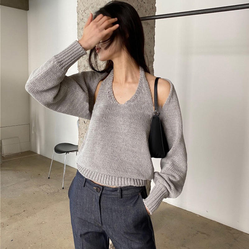 特价 懒人穿搭韩系慵懒万搭日常背心挂脖坎肩披肩毛衣两件套