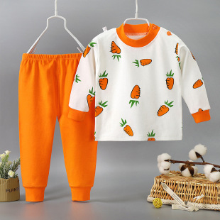 Children's Autumn and Winter Underwear Shoulder Buckle suit Children's Autumn Clothes and Pants Two-piece Set Baby Boy and Boy Cartoon Home Pajamas