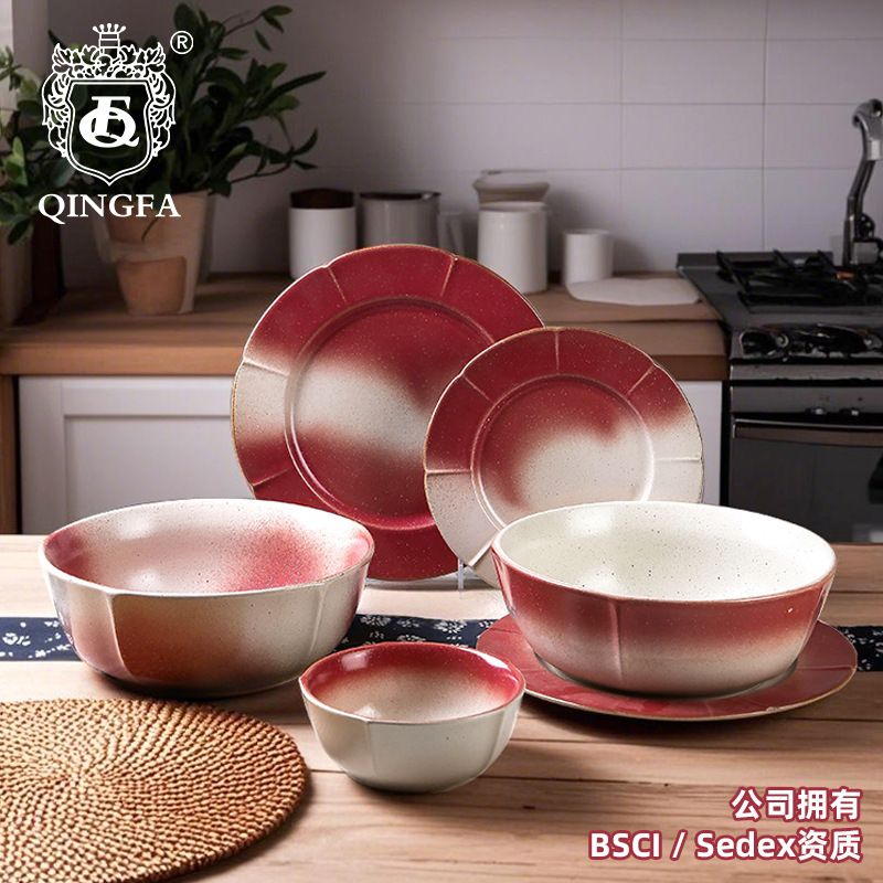 Custom Kiln-Fired Tableware Underglaze Ceramic Plate Red Gradient Bowl and Dish Set Reactive Glaze Japanese Retro Noodle Bowl