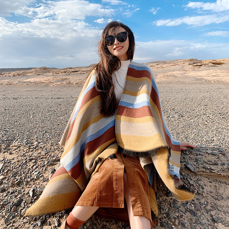 Lenço listrado feminino estilo coreano primavera verão noroeste deserto viagem xale foto grosso versátil capa_voghion.com