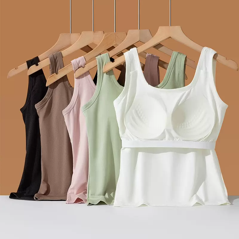 夏季冰丝无痕宽肩美背女一体式固定杯无钢圈透气女士背心可外穿女