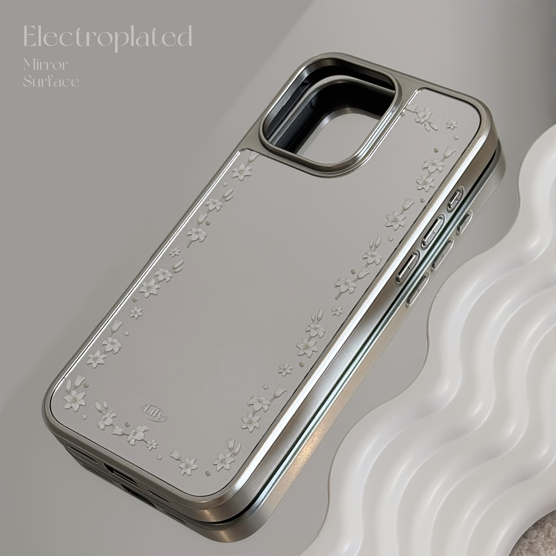 Borde plateado electrochapado adecuado para la funda del teléfono iPhone 16, 15 Pro Max, funda rígida con espejo y diseño artístico de flor de lirio para iPhone 17, 13