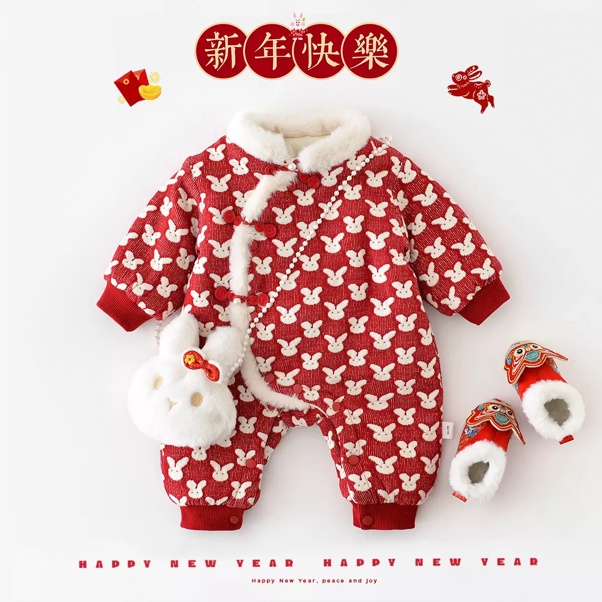 婴儿衣服秋冬连体衣宝宝满印小兔子中国风新年装新生儿加厚棉衣