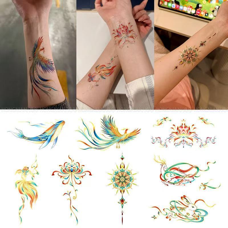 New Chinese-Style Gold-Stamped Colorful Tattoo Stickers with Phoenix and Koi Designs, Featuring a National Style Inspired by Dunhuang, Suitable for Arms and Collarbones, Beautiful, Waterproof, and Long-Lasting Stickers New Chinese-Style Gold-Stamped Colorful Tattoo Stickers with Phoenix and Koi Designs, Featuring a National Style Inspired by Dunhuang, Suitable for Arms and Collarbones, Beautiful, Waterproof, and Long-Lasting Stickers