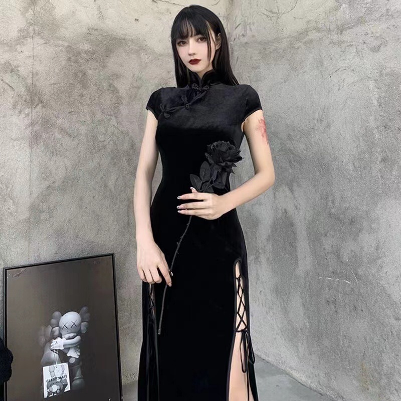 Chinese-Style Velvet Cheongsam Modified Dress, New Chinese-Style Slit High-Neck Black Elegant Long Dress, Modified Cheongsam