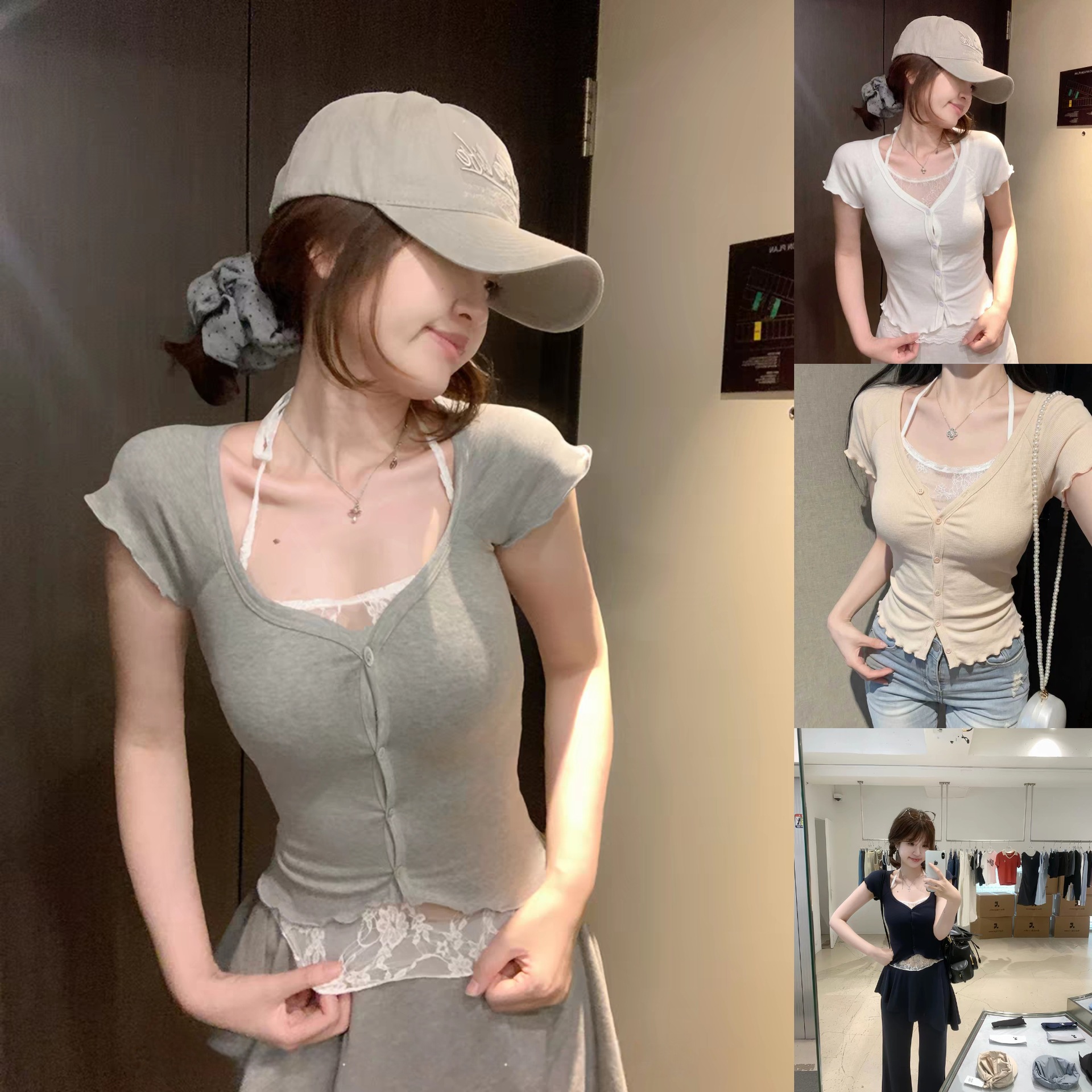 [Relaxed Curves] Pure and alluring lace-trimmed faux two-piece ruffled slimming short-sleeved T-shirt for women, summer top.