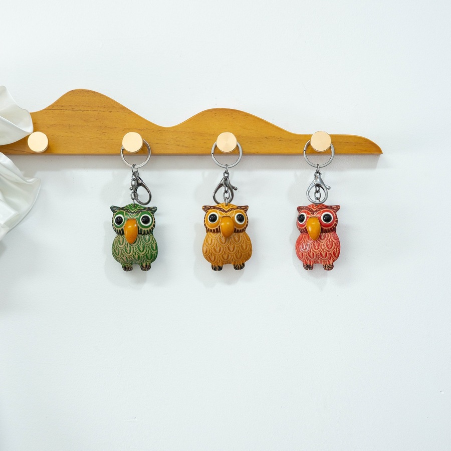 Owl Keychain – Handmade Genuine Leather Animal Charm For Bags & Keys, Cute Cartoon Design (Yellow/Green/Red)_voghion.com