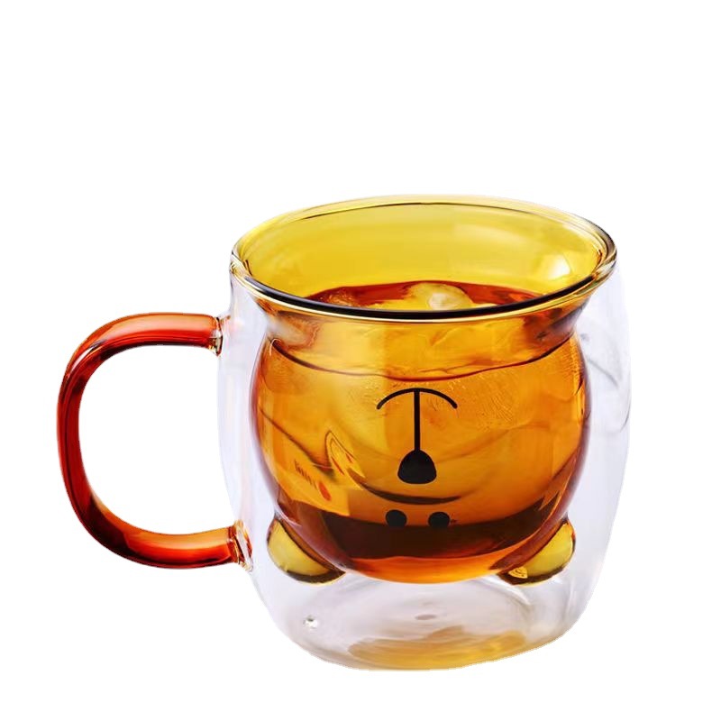 Internet celebridad lindo ins doble capa de vidrio con mango oso taza de café del hogar taza de beber taza de jugo de leche