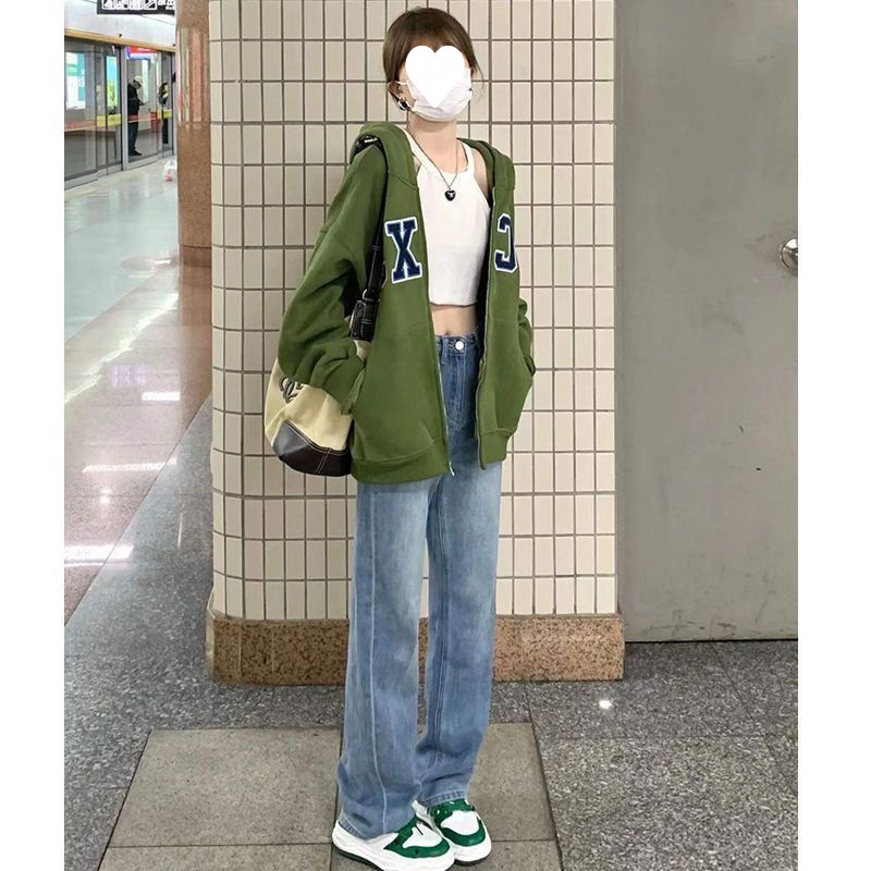 미국식 레트로 그린 스웨터 코트 여자 가을과 겨울 느슨한 캐주얼 올 매치 카디건 후드 야구 의류 INS 트렌디