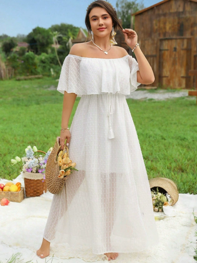 Summer white extra large dress, open shoulders, plus size