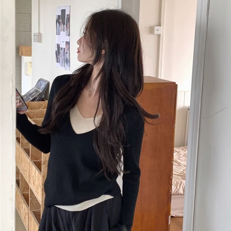 设计感V领假两件拼接针织毛衣女装2025早秋新款修身显瘦休闲上衣|undefined