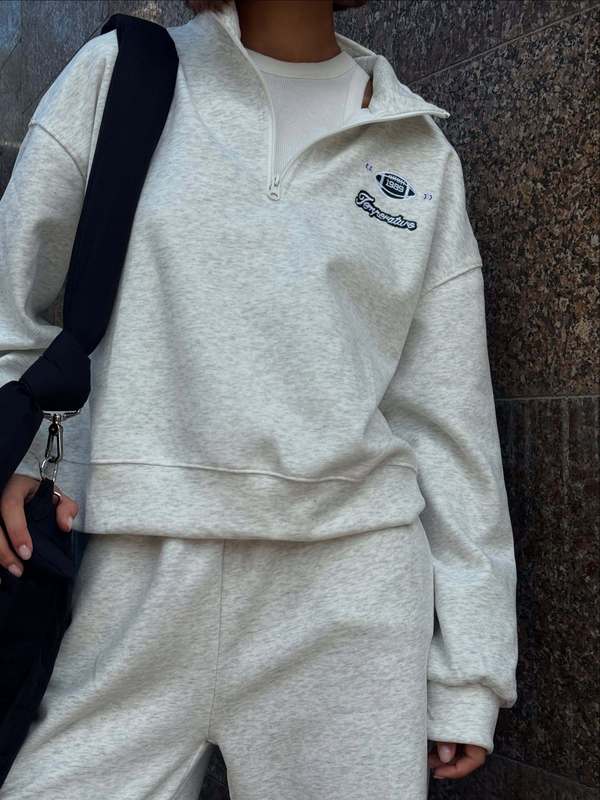 2025欧美新款秋冬半拉链翻领短款卫衣套装女休闲直筒长裤两件套秋|undefined