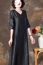 双面穿龟纹香云纱连衣裙秋夏五分袖大码修身真丝袍子妈妈裙子源头