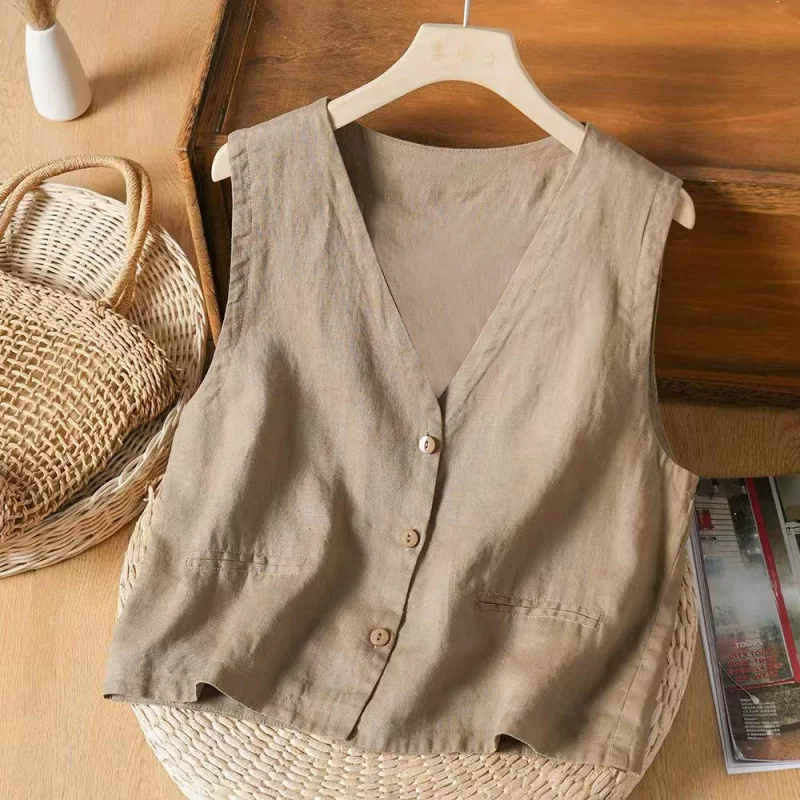 Summer retro solid vest for leisure, cotton and linen