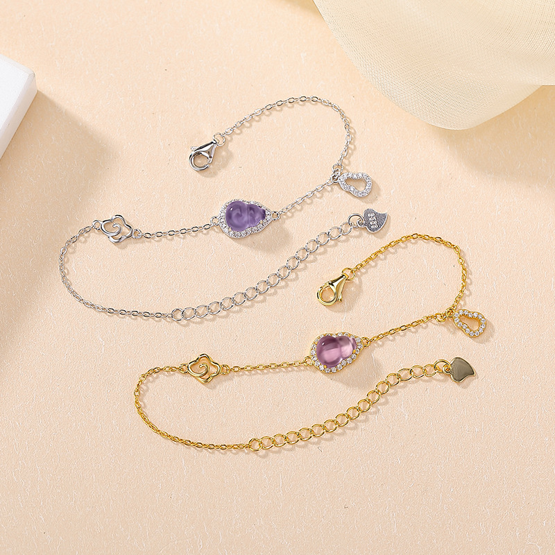 Vòng tay bạc S925 mạ vàng hồ lô khảm đá pha lê hình hươu bạc tự nhiên — Kiểu màu bạc