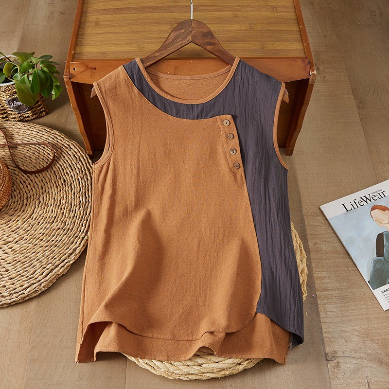 Лето 2025, новинка, женская майка из хлопка и льна, тонкая асимметричная верхняя пуговица, украшение, свободная подтяжка на подтяжках T