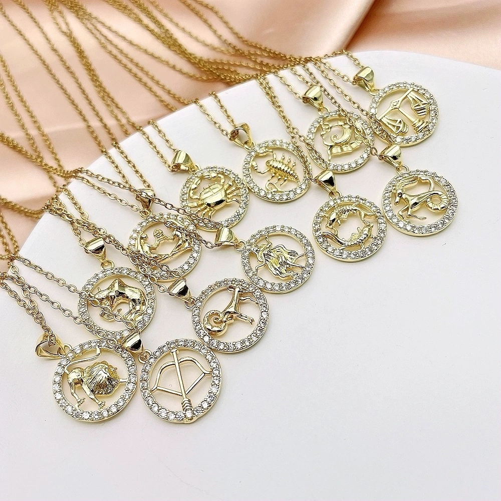Zodiac signs stainless steel, chain, fashionable necklace, universal copper pendant, European style, micro incrustation