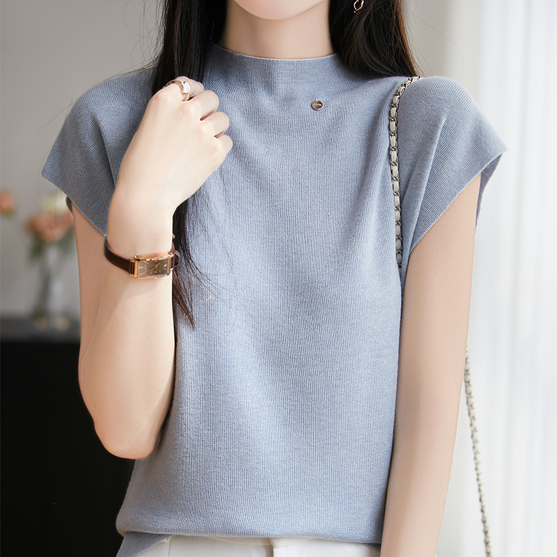 Summer Fine Wool Short-Sleeve T-Shirt with Built-In Collar, Solid Color Sleeveless Top with Half-High Collar for Women